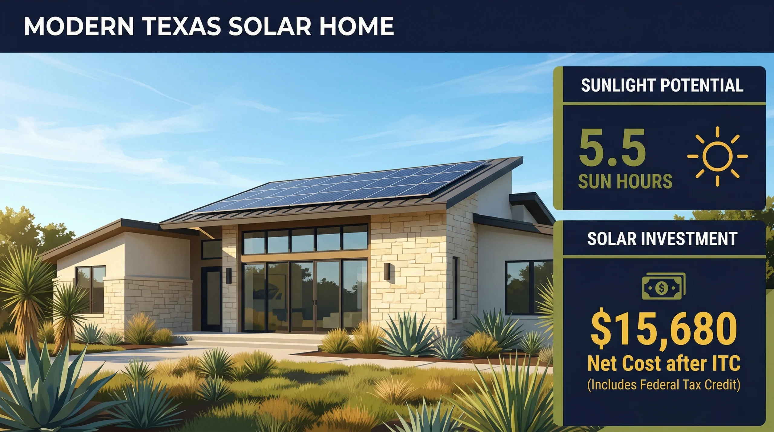 Solar panels Texas 2026 — Texas home with rooftop solar 5.5 peak sun hours and 30% federal tax credit savings