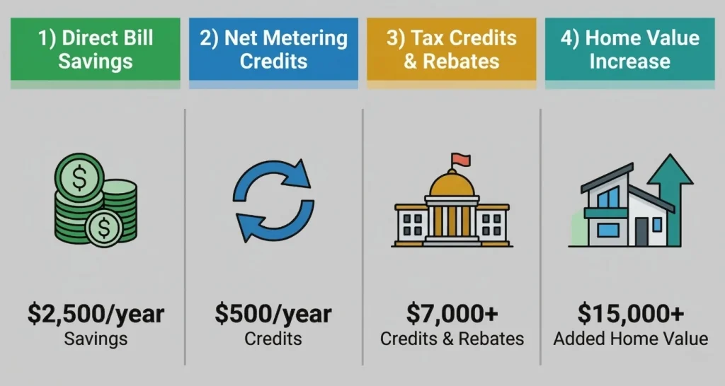 Solar panel savings breakdown showing direct bill savings net metering credits tax credits and 25 year total return