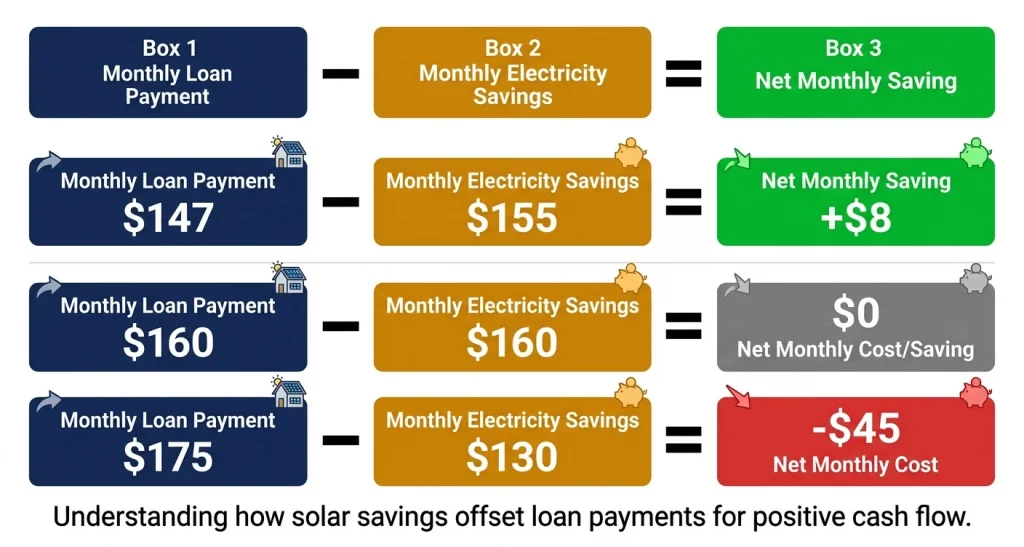 Solar panel net monthly cost calculator showing loan payment minus electricity savings equals net monthly cost