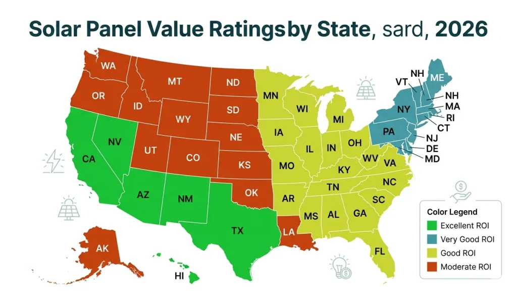 Solar panel value rating by US state 2026 — showing best and worst states for solar ROI with star ratings