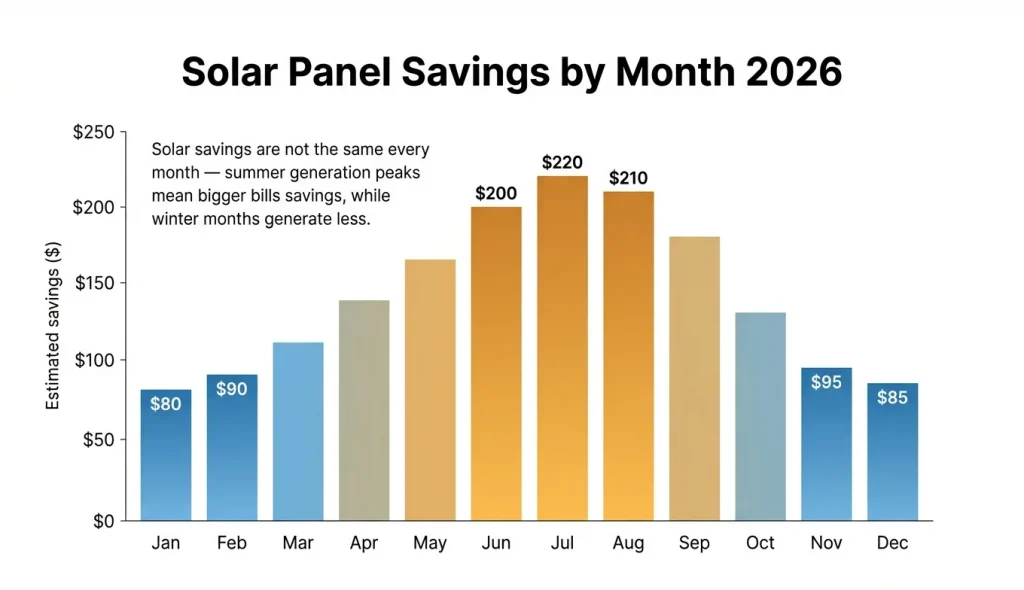 Solar panel savings by month 2026 — bar chart showing higher savings in summer and lower in winter due to seasonal sun hours