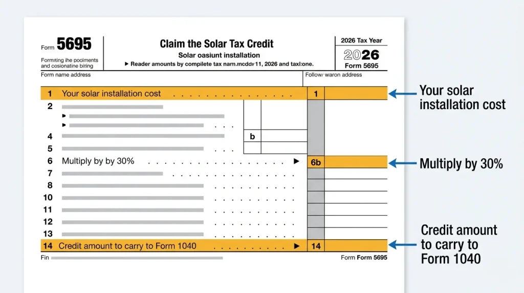 IRS Form 5695 solar tax credit instructions 2026 — showing which lines to fill in for the residential clean energy credit
