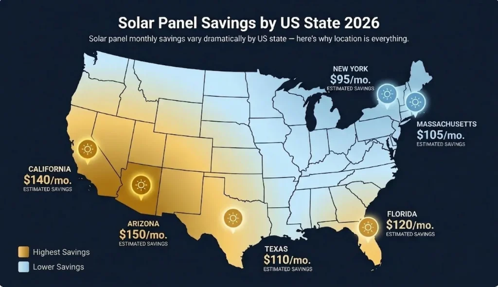 Solar panel savings by US state 2026 — map showing monthly electricity bill savings from solar in Arizona California Florida Texas and New York