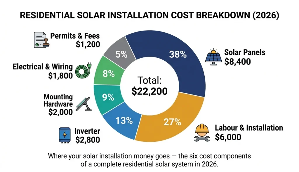 Solar installation cost breakdown 2026 — showing panels inverter labour mounting wiring and permits as percentage of total cost