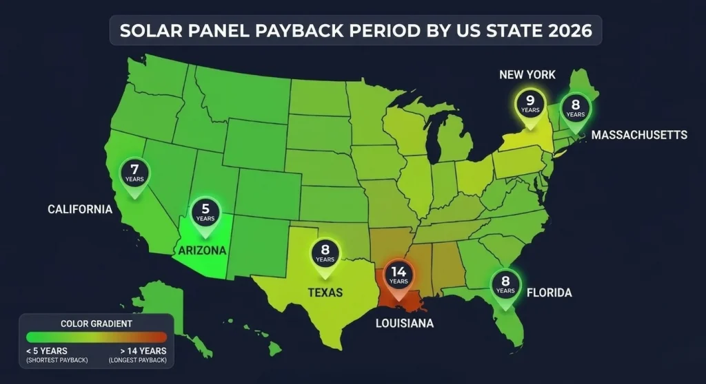 Solar panel payback period by US state 2026 — map showing years to break even in Arizona California Florida Texas New York and more