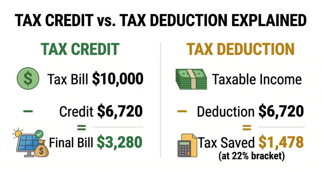 Tax credit versus tax deduction explainer for solar panels — showing why a 30 percent credit saves more money than a 30 percent deduction