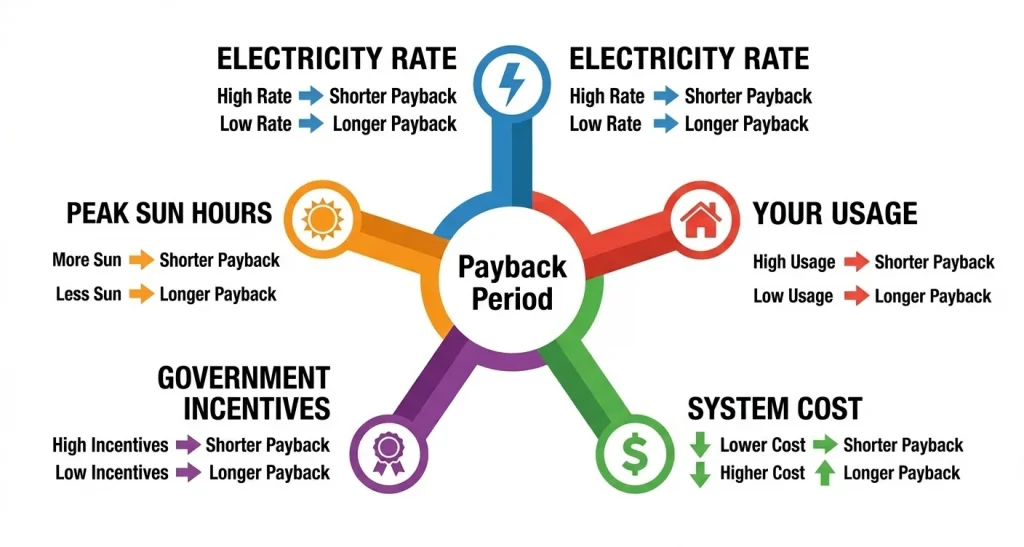 Factors that affect solar panel payback period — electricity rate sun hours incentives system cost and usage shown as icons