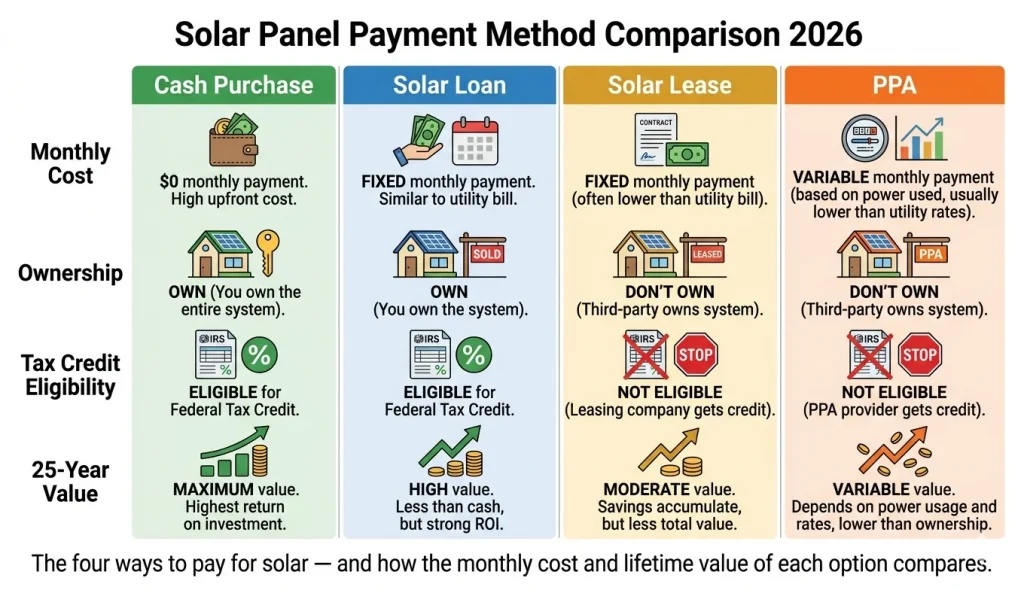 Solar panel payment method comparison 2026 — cash vs solar loan vs lease vs PPA showing monthly cost ownership and lifetime value