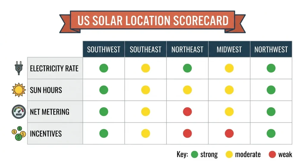 Solar location scorecard showing electricity rate sun hours net metering and incentives rated for each US region