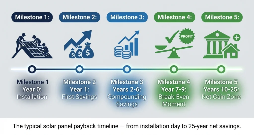 Solar panel payback period timeline 2026 — showing year 0 installation to year 25 full lifetime savings