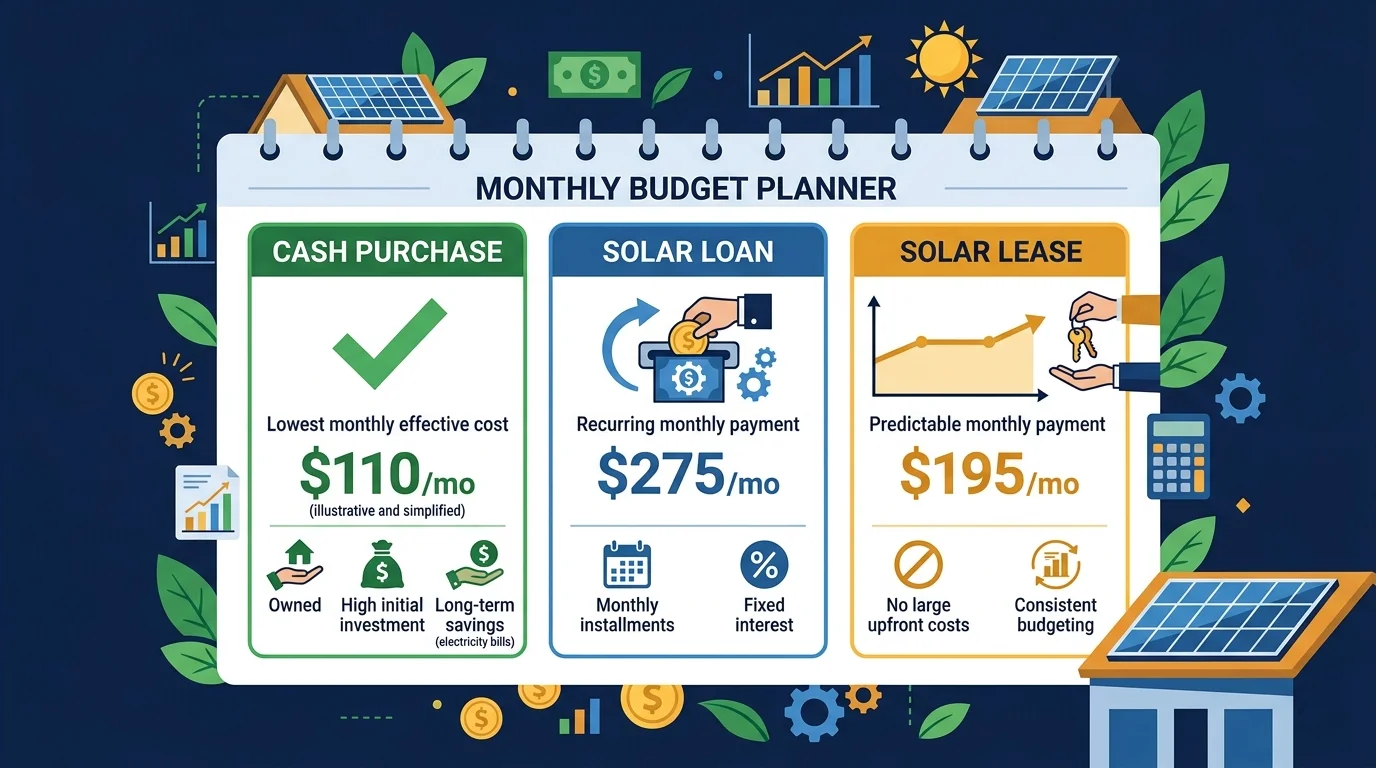 How much do solar panels cost per month in 2026 — monthly solar loan payment lease and cash purchase cost comparison