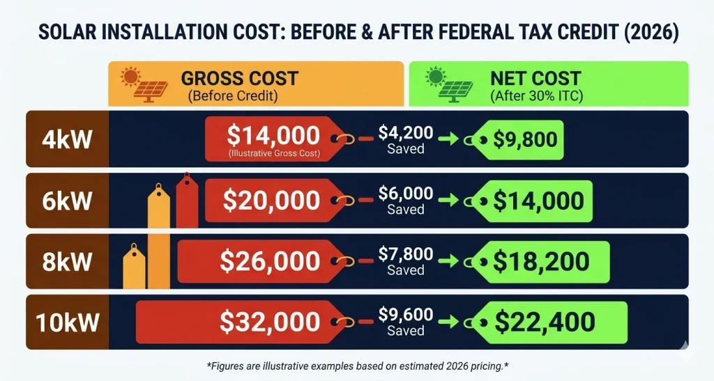 Solar installation cost before and after 30 percent federal tax credit 2026 — showing gross cost vs net cost for different system sizes