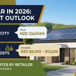 Solar panels New Zealand 2026 — New Zealand home with rooftop solar rising electricity prices and buy-back rates by retailer