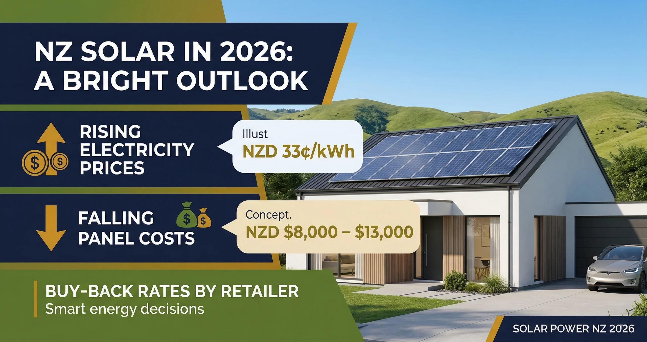Solar panels New Zealand 2026 — New Zealand home with rooftop solar rising electricity prices and buy-back rates by retailer