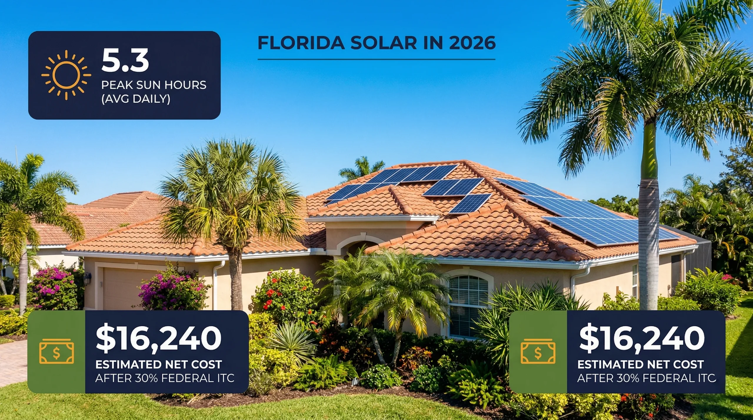 Solar panels Florida 2026 — Florida home with rooftop solar 5.3 peak sun hours and net billing changes explained