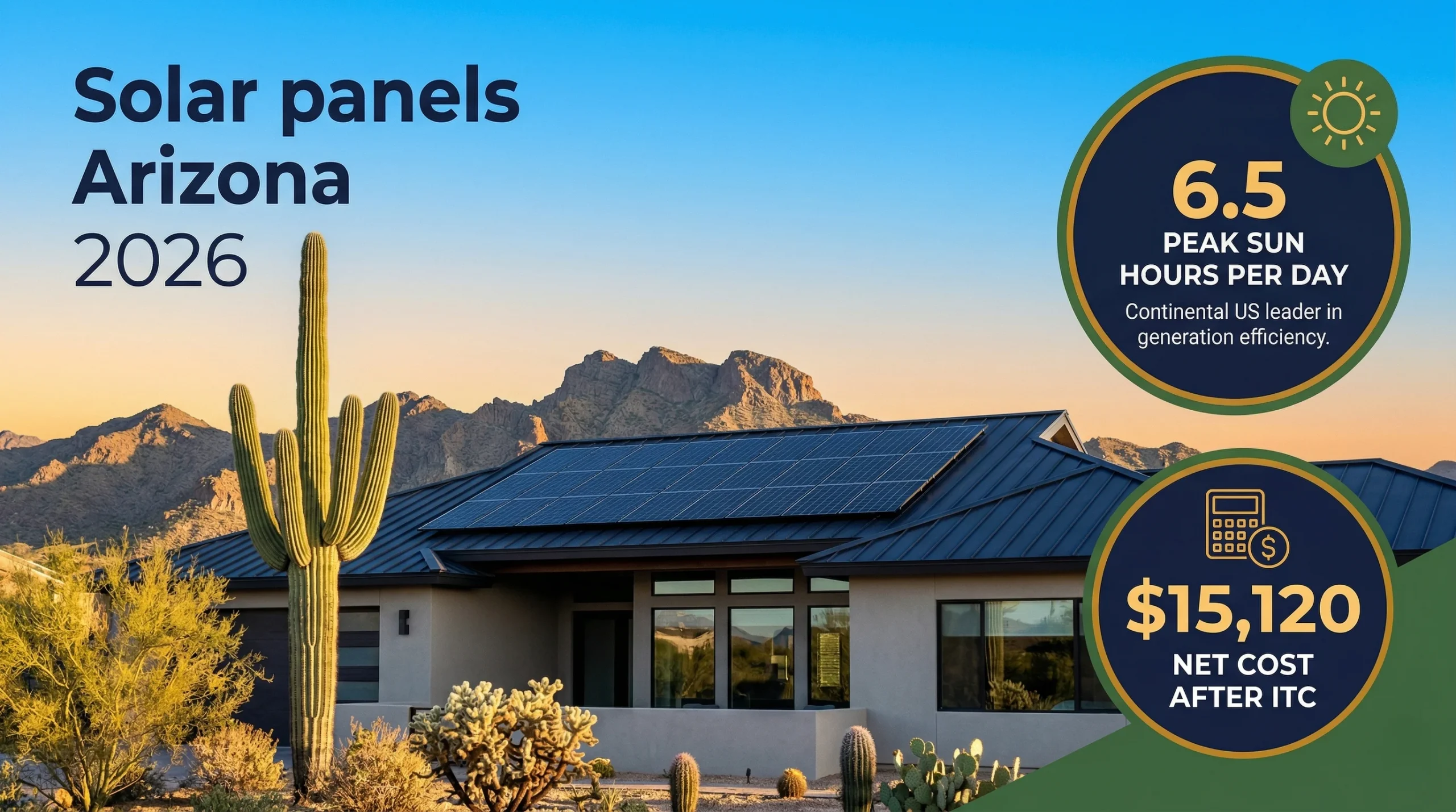 Solar panels Arizona 2026 — Arizona home with solar panels saguaro cactus 6.5 peak sun hours and $15,120 net cost after ITC