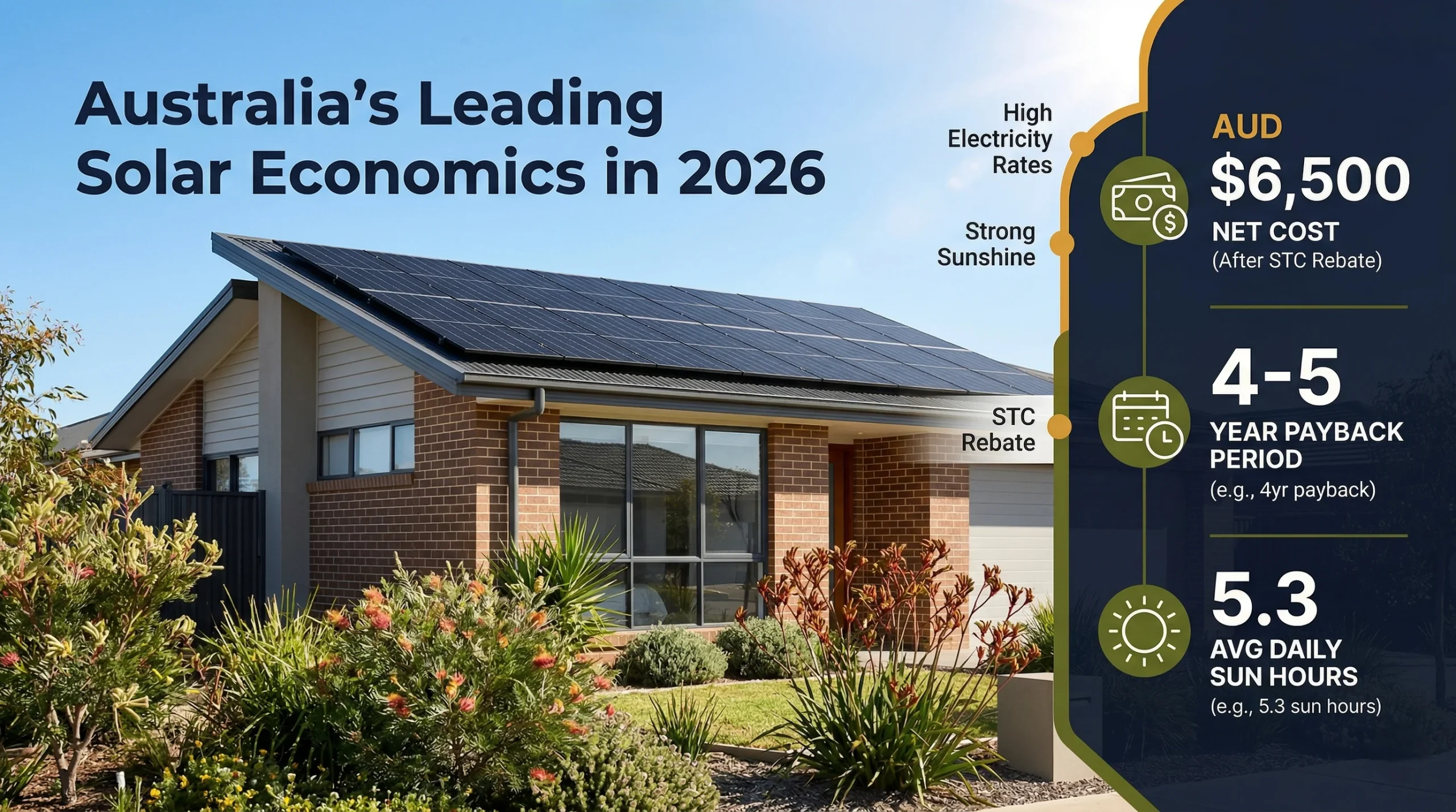 Solar panels Australia 2026 — Australian home with rooftop solar AUD $6,000 net cost after STC rebate and 4 to 5 year payback
