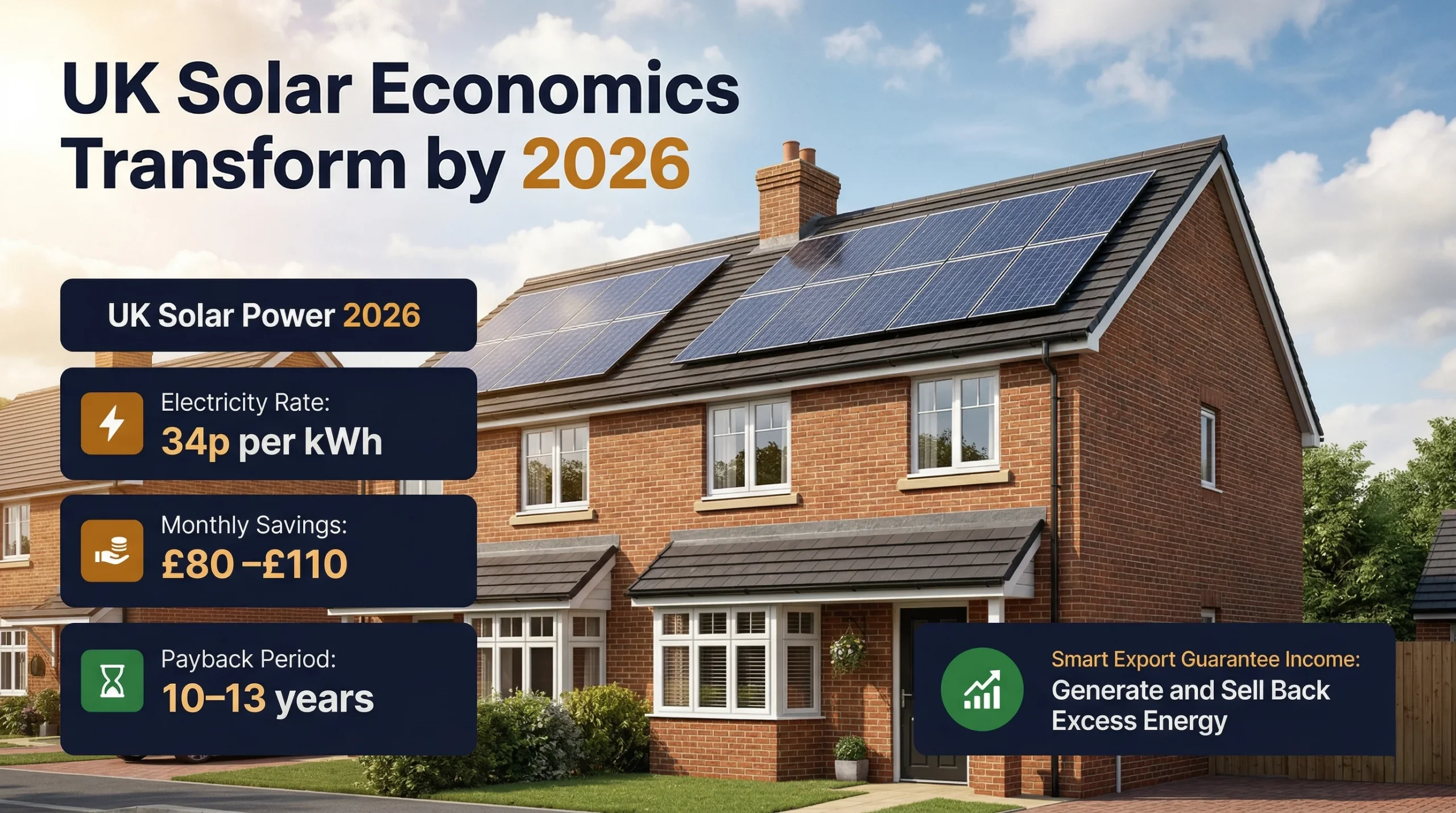 Solar panels UK 2026 — British semi-detached house with rooftop solar 34p per kWh electricity rate and Smart Export Guarantee income