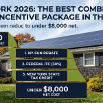 Solar panels New York 2026 — New York suburban home with rooftop solar NY-Sun rebate federal ITC and state credit stack