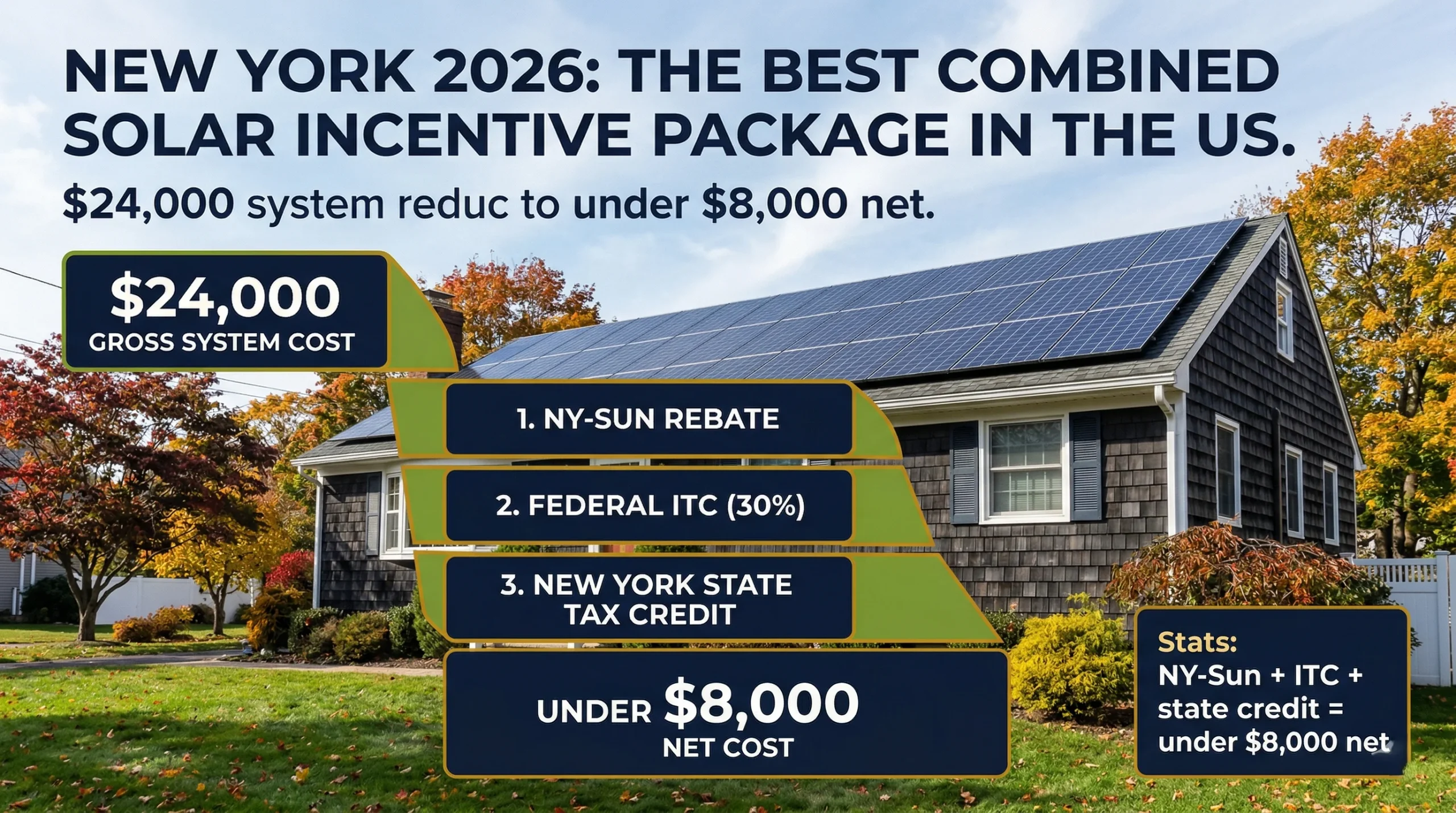 Solar panels New York 2026 — New York suburban home with rooftop solar NY-Sun rebate federal ITC and state credit stack